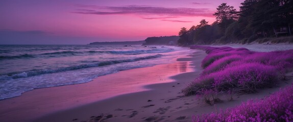 Poster - twilight beach scene with vibrant magenta flowers and soft waves under a colorful sky