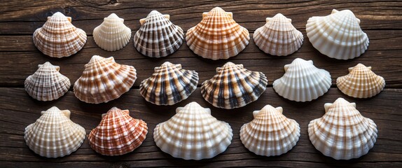 Poster - assorted seashells displayed on rustic wooden surface natural coastal decor