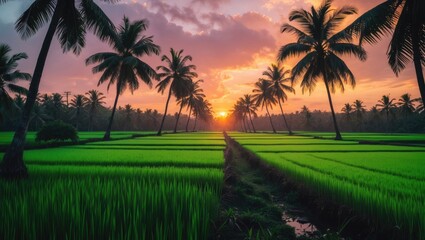 Poster - tranquil sunset landscape featuring palm trees and lush green rice fields under twilight sky, ideal 