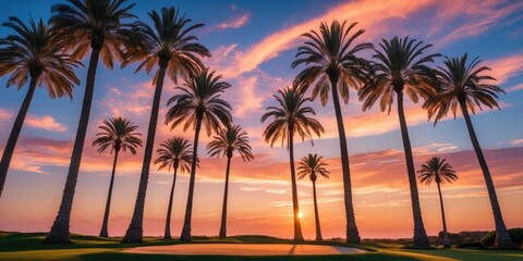 Poster - stunning palm trees silhouetted against a vibrant sunset over a golf course with space for text or b