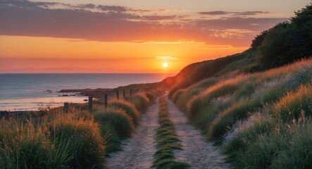 Poster - Tranquil Coastal Path at Sunset with Lush Greenery and Ocean View