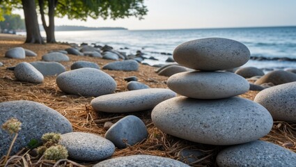Poster - stones stacked on a beach in a scenic park setting with calm sea and lush greenery backdrop