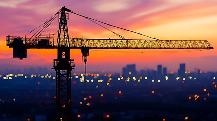 Poster - Silhouette of a towering construction crane against the sky at dusk, showcasing industrial architecture and engineering.