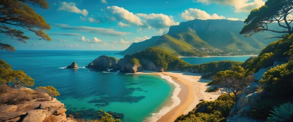 Poster - tranquil coastal landscape with serene beach cove and lush greenery under bright blue sky