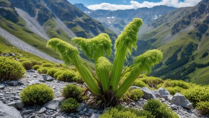 Poster - unusual green plant surrounded by mountain landscape with clear blue sky and copy space for text or 