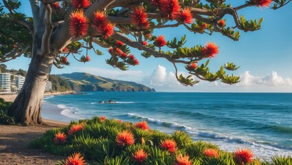 Poster - vibrant pohutukawa tree in bloom by the sea with scenic beach background and space for text overlay