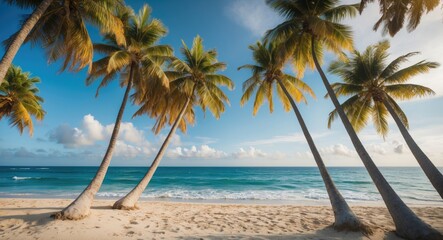 Poster - tropical beach landscape with leaning palm trees and calm ocean waves under a clear blue sky