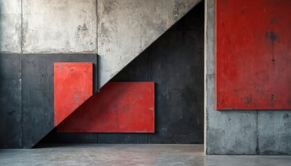 Aufkleber - Abstract geometric composition featuring concrete wall with red and black accents. Modern urban grunge style with distressed texture creates industrial minimalist contemporary design.