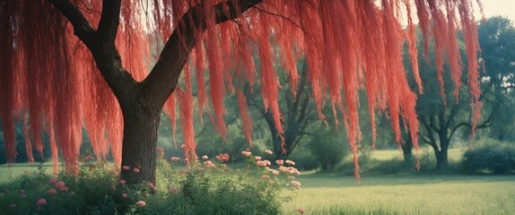 Wall Mural - Vibrant red weeping willow tree with cascading foliage amidst lush greenery and blooming flowers in a serene landscape setting.