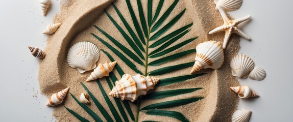 Poster - tropical beach composition with sand palm leaves and seashells on bright background