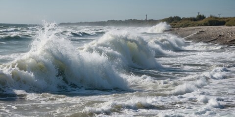Poster - dynamic ocean waves crashing onto shoreline with clear space for overlay text or graphics