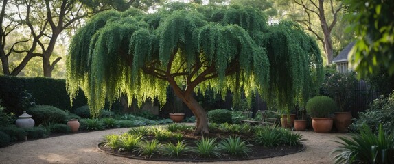 Poster - lush weeping lillipilli tree creating a serene garden oasis with sunlit foliage and decorative plant