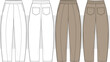© gulsenbozkurt - Barrel leg high waisted jeans pants with fly front and inseam pockets technical fashion illustration. front and back view, unisex CAD mockup set.