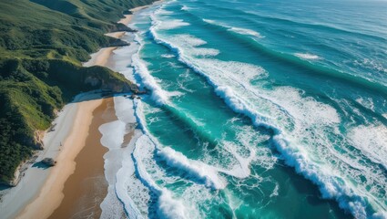 Poster - aerial view of stunning turquoise ocean waves crashing on sandy beach surrounded by lush green hills