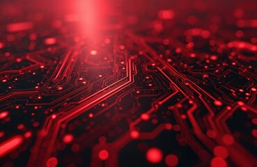 Poster - Red circuit board background features tech design. Digital illustration shows visual graphic, high tech element, futuristic electronic network and datum connections. Cyber technically abstract art.