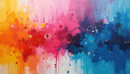Poster - Colorful abstract painting with brush strokes, splatters. Acrylic, oil paints mix creating vibrant modern artwork with bright colors, textured background. Concept illustration, graphic canvas for