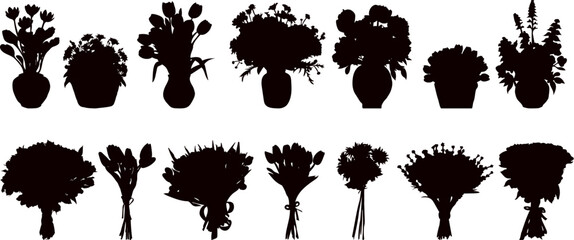 Wall Mural - silhouette flowers bouquets, bouquets of flowers in vases collection on white background, vector