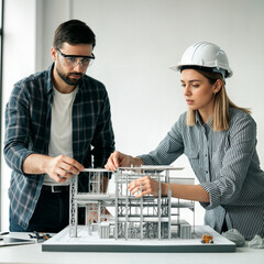 Poster - architect builder works on project with 3d model of building, building future concept . Generative AI