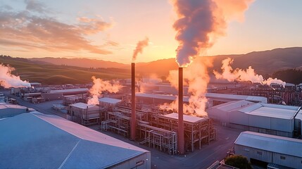 Aufkleber - Panoramic view of a large industrial factory showcasing modern architecture and expansive surroundings.