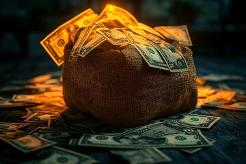 Poster - A sack of cash surrounded by scattered dollar bills on a surface, depicting wealth and finance.