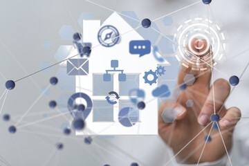 Poster - home data. Digital cyberspace with particles and Digital data network connections concept.
