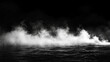 © Nari - Smoke clouds above black water surface. Vector realistic illustration of white fog, steam, mist over spooky sea waves, dark river splashing in scary smog, mysterious Halloween atmosphere, horror night