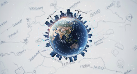 Poster - planet with buildings under construction around, building the future . Generative AI