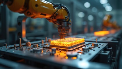 Aufkleber - Illustration shows quality control process in battery production. Robotic arm precisely testing illuminated cell on assembly line in hi-tech advanced manufacturing plant.