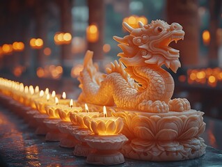 Wall Mural - Intricately Carved Candle Dragons Glowing Softly in a Serene Temple Ceremony