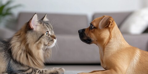 Sticker - A cat and a dog are laying on the floor next to each other. The cat is looking at the dog with a curious expression