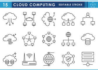 Fototapete - A set of line icons related to Cloud Computing. Network, cloud, database, transfer, internet, computers, and so on. Vector editable stroke.