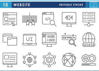 Leinwandbilder - A set of line icons related to Website. Development, webpage, internet, network, computer, developer, programming, coding, and so on. Vector editable stroke.
