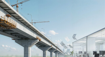 Poster - concept of connection between construction and office . Generative AI
