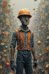 Poster - bright surreal portrait of a builder in a helmet . Generative AI