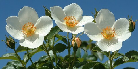 Canvas Print - Three White Dog Rose Flowers with Orange Center Blooming Against a Clear Blue Sky, Close Up