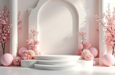 Poster - White pedestal showcases pink flowers in minimalist design. Round platform, podium, stage for product display presentation with blossoms branch decorations. Elegant spring, summer design at studio.