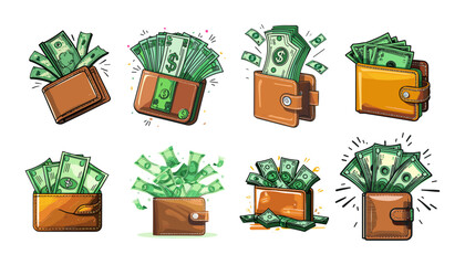 Poster - Sets icon collection of wallets filled with cash, each in different styles and positions, emphasizing wealth and financial abundance, set against a white background