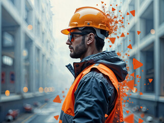 Poster - bright surreal portrait of a builder in a helmet . Generative AI
