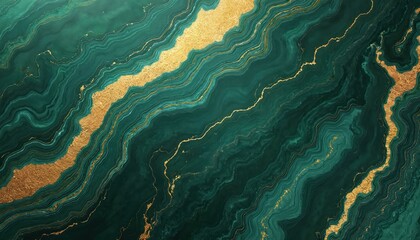 Aufkleber - Luxurious marble texture with emerald green fluid organic patterns, gold veins creating opulent mesmerizing abstract background. High-end decorative stone wallpaper material with swirls, rich look.