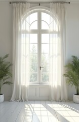 Poster - Classic empty white room with arched window. Interior design features white wooden floor, curtains, plants, sunlight. Modern clean minimalistic style room for real estate, design, architecture demo.