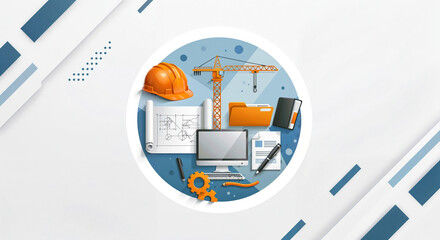 Poster - construction accessories monitor crane helmet mix on white background . Generative AI