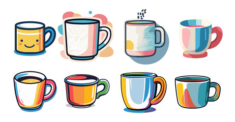 Poster - Sets icon collection of colorful and uniquely designed coffee mugs, each with different patterns and styles, arranged in two rows of four