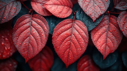 Canvas Print - Autumn leaves, rain drops, vibrant red, dark background, nature backdrop