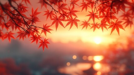 Canvas Print - Autumn Maple Leaves Sunset Over Misty Landscape