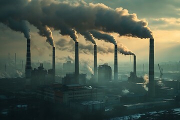 Aufkleber - Industrial skyline featuring smokestacks and expelling emissions in urban setting.