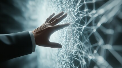 rofessional touching a sleek digital interface with futuristic elements, virtual backdrop