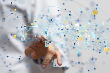 Poster - Global network. Blockchain. 3D illustration. Neural networks and artificial intelligence. Abstract  3d