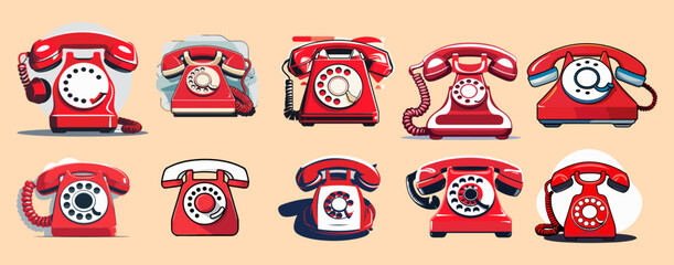 Poster - Sets icon collection of vintage red rotary telephones, each with unique designs and features, arranged in two rows on a beige background