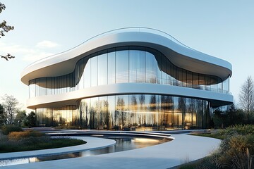Poster - High-tech sustainable architecture for corporate offices depicted in a modern design image.