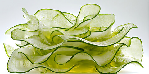 Wall Mural - Translucent cucumber ribbons thinly sliced form an elegant organic shape with delicate green edges and a soft ethereal quality.